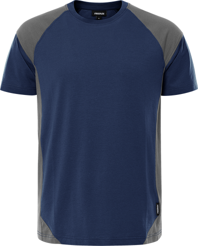 T-shirt van zware kwaliteit gemaakt van gerecycled polyester en katoen. Duurzaam en comfortabel T-shirt dat is goedgekeurd voor industrieel wassen, verkrijgbaar in een tweekleurig design. Concept: Skarup - Marineblauw/grijs